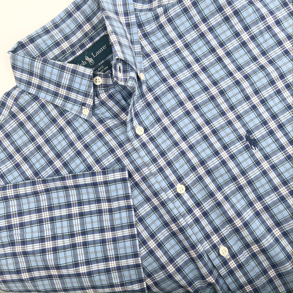 RALPH LAUREN Men's Size M Blake Cotton Blue Plaid Short-Sleeve Button-Down Shirt